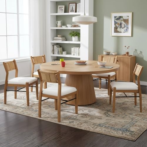 BESTANO Modern Armless Dining Chairs with Rope Woven Back Set of 6, Beige Linen Fabric Upholstered Kitchen & Dining Room Chairs, Mid-Century Classic Farmhouse Wooden Side Chair