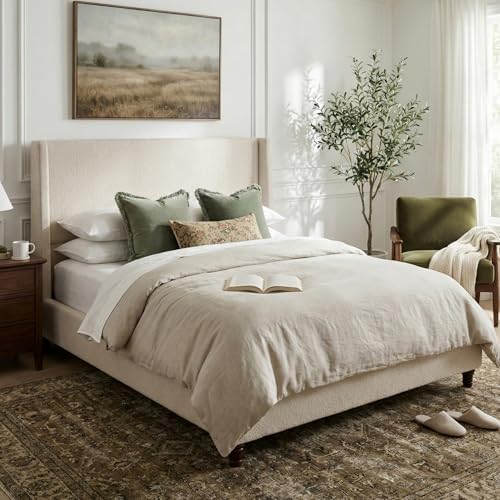 Queen Size Upholstered Bed Frame, 52.7" High Headboard Wingback Bedframes with Solid Wood Retro Legs, Sturdy Metal & Wooden Slat Support/No Box Spring Needed/No Noise, Clay Taupe Boucle