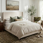 Queen Size Upholstered Bed Frame, 52.7" High Headboard Wingback Bedframes with Solid Wood Retro Legs, Sturdy Metal & Wooden Slat Support/No Box Spring Needed/No Noise, Clay Taupe Boucle