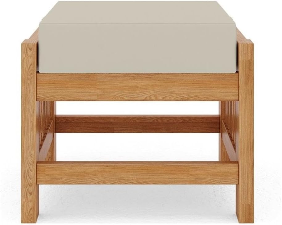 Pemberly Row Modern Teak Outdoor Ottoman, 18 x 18 x 12 in, Canvas Cushions, Beige, Premium Teak Slats, Hand-Sanded Finish, Weather-Resistant Patio Furniture for Small Outdoor Spaces