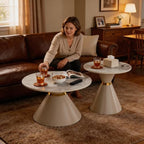 Modern Round Nesting Coffee Tables Set of 2, Marble‑Look Tabletop with Base | Stackable Nesting Coffee Tables, Round Faux Marble Top with Tapered Metal Base Gold Detail for Home Living Room