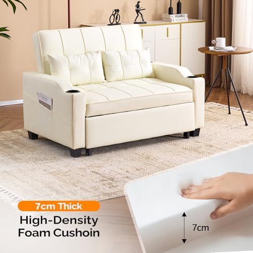 VINGLI Convertible Loveseat Sleeper Sofa Bed, Pullout Couch for Living Room | Beige Futon Sofa Bed, Faux Leather Pull-Out Couch Bed with USB Ports, Cup Holders for Small Space, Apartment, Office