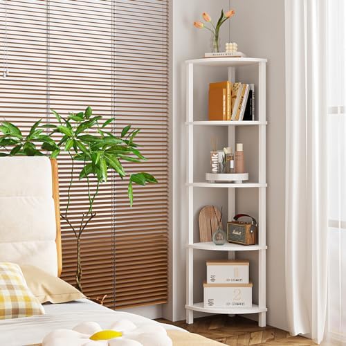 VIMBER Corner Shelf, 5-Tier Corner Bookshelf, Industrial Corner Ladder Shelf, Modern Display Shelf for Living Room, Bedroom, Kitchen, Home Office, White UJSJ001W