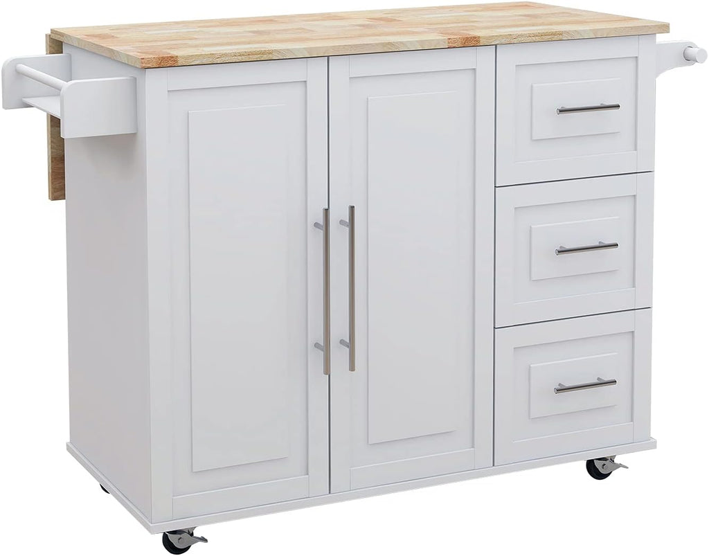 Kitchen Island with Spice Rack, Towel Rack and Extensible Solid Wood Table | Includes extensible solid wood table top and three drawers with cabinet door