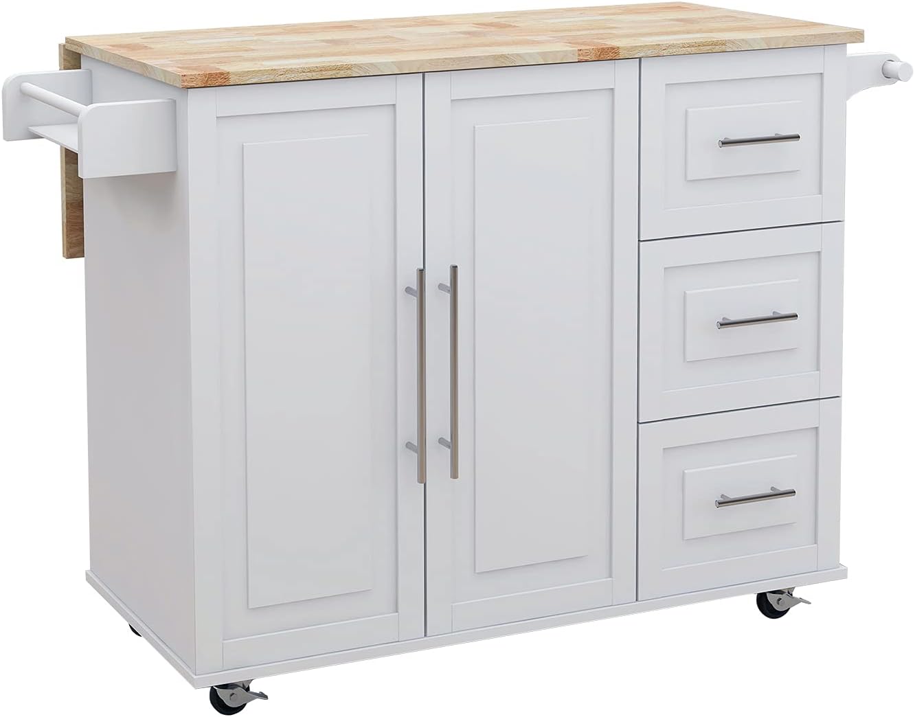Kitchen Island with Spice Rack, Towel Rack and Extensible Solid Wood Table | Includes extensible solid wood table top and three drawers with cabinet door