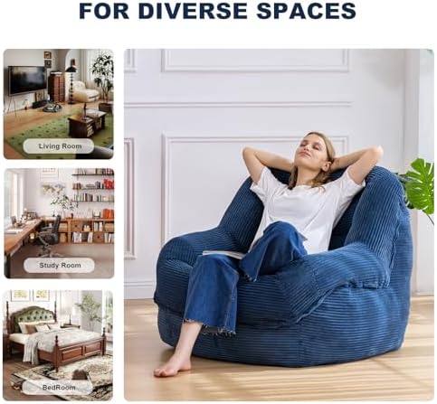 Giant Bean Bag Chair for Adults, Oversized Floor Lounge Chair with Armrests | Royal Blue, soft corduroy and resilient foam for living rooms, bedrooms, reading nooks, gaming rooms, movie nights, and pets