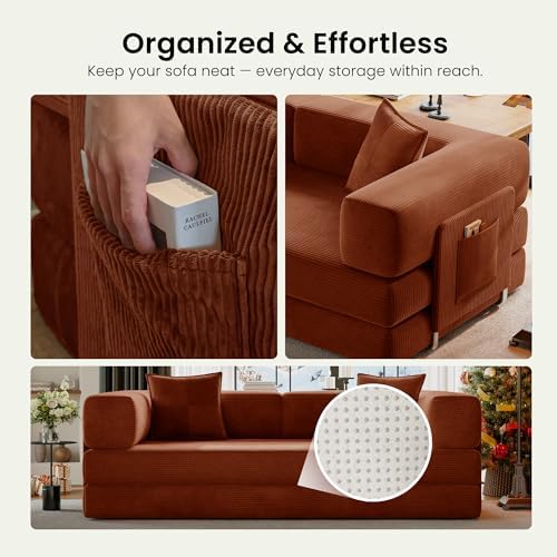 78.8" Convertible Futon Sofa Bed, Couch for Living Room | Corduroy Loveseat Sleeper Sofa, Modular Futon Couch with Storage Pocket, Pull Out Couch No Assembly | Rust Red