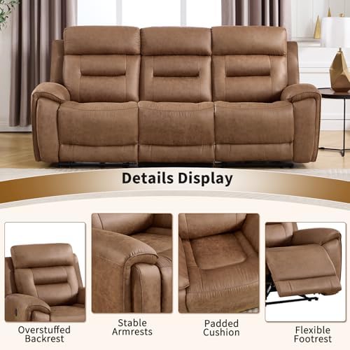 ANJ 3-Piece Power Recliner Sofa Set with Charging Ports, Include Single Recliner Chair, 2-Seater Loveseat with Hidden Storage & Cup Holders and 3-Seater Reclining Couch for Living Room, Brown