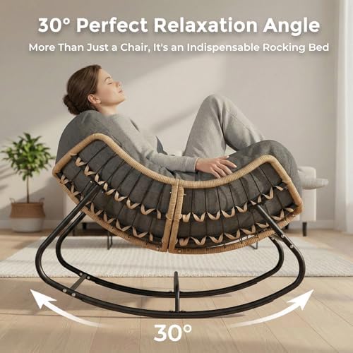 SWITTE Outdoor Rocking Papasan Chair with Thick Cushion, Dark Gray | Oversized Modern Wicker Lounge Rocker with Comfy Cushion, Cozy Egg Chair Steel Frame for Patio, Porch,or Indoor Reading Nook