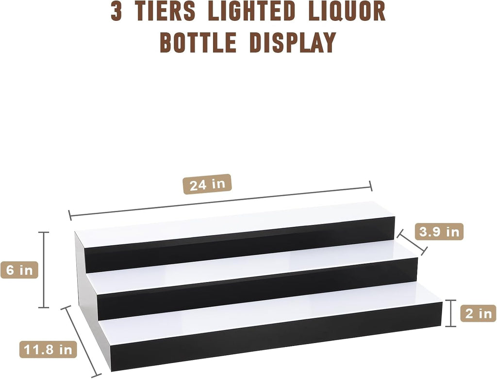 FAHKNS Lighted Liquor Bottle Display, 3 Tiers 24 Inch Acrylic Bar Shelf with Remote Control, Multicolor LED Illuminated Whiskey Rack for Home Bar