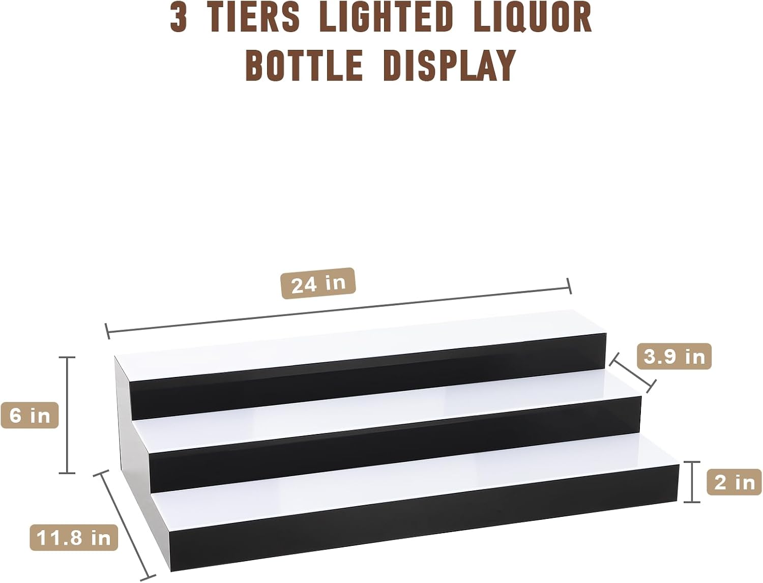 FAHKNS Lighted Liquor Bottle Display, 3 Tiers 24 Inch Acrylic Bar Shelf with Remote Control, Multicolor LED Illuminated Whiskey Rack for Home Bar