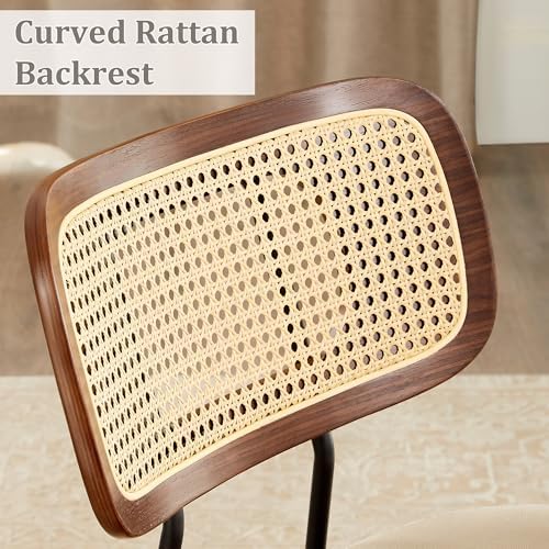 Swivel Dining Chairs with Rattan Back, Rattan Leather Dining Chairs with Swivel Metal Legs, Mid-Century Modern Synthetic Leather Upholstered Kitchen Chair, Set of 2, Beige