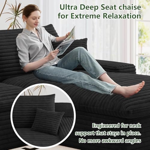 107" Cloud Couch Modular Sectional Sofa for Living Room, U-Shape Couch with Deep Seat, Modern Corduroy 3-Seater with Ottoman, No Assembly Required (Black,Right-Facing Chaise)