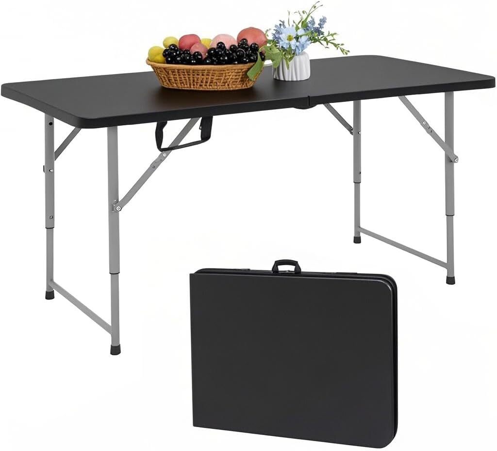 Folding Table 4 Foot Portable Heavy Duty Plastic Fold-in-Half Utility Table Small Indoor Outdoor Adjustable Height Folding with Carrying Handle, Camping and Party Black