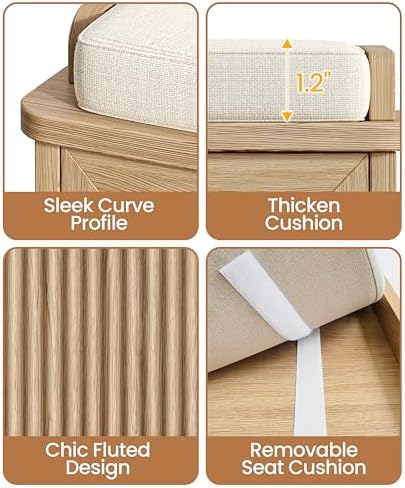 Akxomel 39.4" Fluted Shoe Storage Bench 2 Doors Wooden Entryway Bench Oak | 2 Tier Shoe Bench with Padded Cushion, Adjustable Shelves and 2 Doors, Curved Profile, for Hallway, Living Room, Bedroom