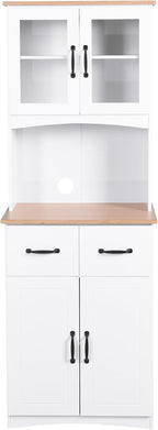 66.9'' Kitchen Pantry Cabinet, White Pantry Storage Microwave Cabinet with Glass Doors, Adjustable Shelves, Drawer, Freestanding Larder Cupboard for Kitchen, Dining Room
