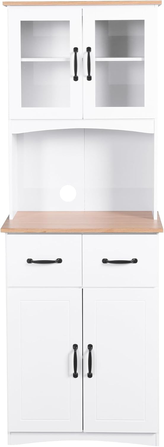 66.9'' Kitchen Pantry Cabinet, White Pantry Storage Microwave Cabinet with Glass Doors, Adjustable Shelves, Drawer, Freestanding Larder Cupboard for Kitchen, Dining Room