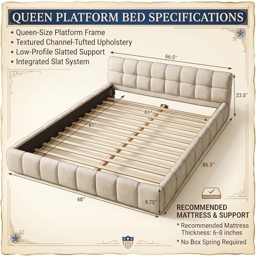Chenille Fabric Upholstered Platform Bed Frame with Soft Headboard, Modern Low Profile Grounded Design, No Box Spring Needed, Sturdy MDF & Wood Frame, Neutral Style, Beige, Queen