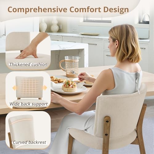 LUE BONA Linen Farmhouse Dining Chairs Set of 4, Natural Wood Leg | Comfortable Wide back with thick foam padded and Solid wood legs for dining room, kitchen or restaurant