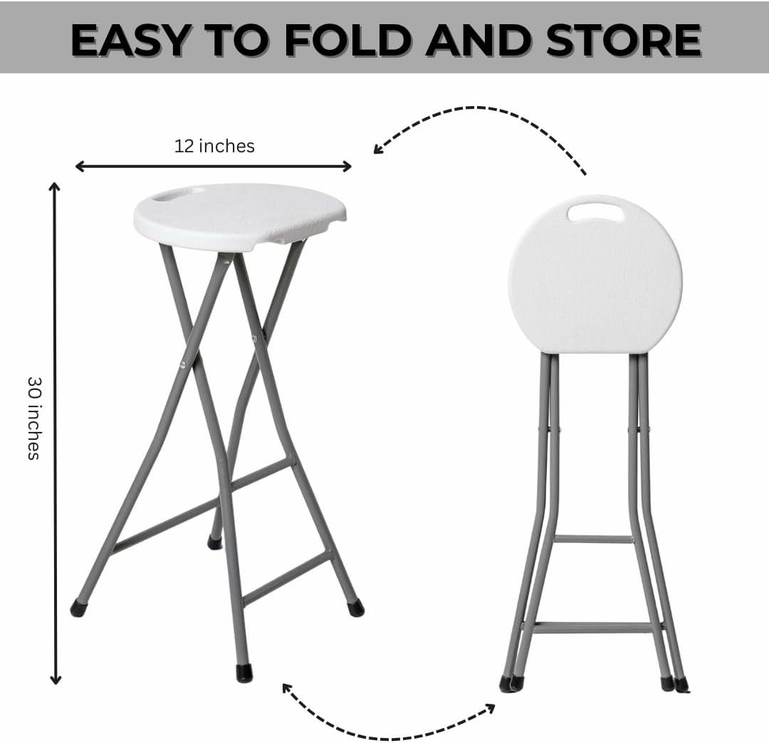 30 Inch Tall Folding Stool Chair | Heavy Duty Plastic Stool Chair | Portable Foldable Bar Height Stools with Handle for Indoor & Outdoor | Bar Stools with Footrest | 300lbs Capacity | White (1)