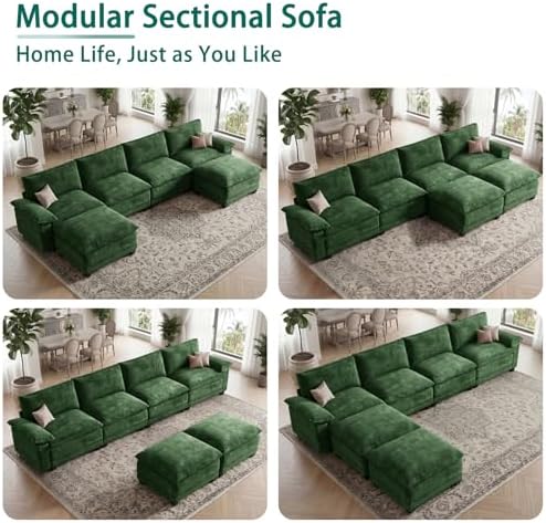 140" Modular Sectional Couch, U Shaped Cloud Sofa for Living Room | Comfortable Foam Cushions, Sturdy Frame, Appealing Appearance, Easy Assembly, Soft Chenille, Modular Design, Green