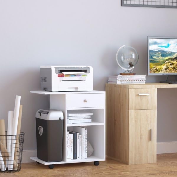 23.5" W x 15.75" D x 27" H White End Table, Side Table, Mobile Printer Table with Storage Shelf, Rolling Printer Cart with Wheels for Home Office, Stand for Heat Press Mini Fridge (White)