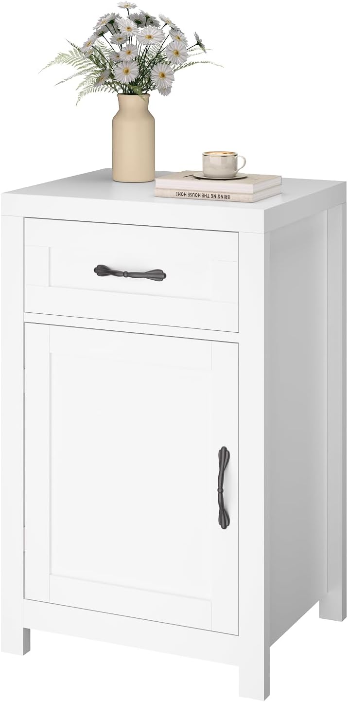 White Nightstand with Drawer, Farmhouse End Table with Storage Cabinet and Adjustable Shelf, 30" Tall Bedside Table Rustic Wood Sofa Side Table for Living Room, Bedroom