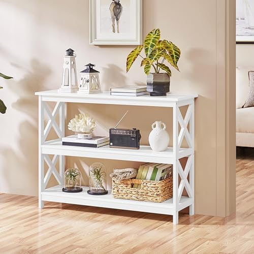 Yaheetech 42"L White Console Table 3-Tier Narrow X-Frame Open Storage Shelf | Sofa Table for Entryway, Hallway and Living Room, Slim 14" Depth, Powder-Coated MDF, 88 lb Top Load, Easy Assembly