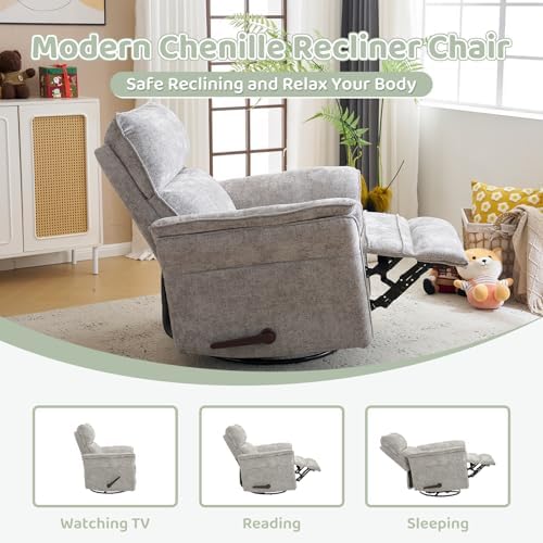Oversized Swivel Rocker Recliner with Adjustable Headrest, Rocking Chair Nursery with Overstuffed Armrest, Manual Rocker Recliner Nursery Chair for Living Room,Light Grey