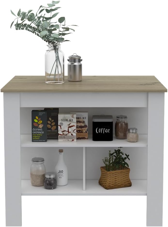 Kitchen Island with Three Storage Shelves and Four Legs | Tabletop with protective film for hygiene