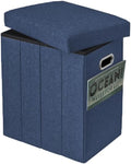 Tall Ottoman with Storage Collapsible Fabric Small Slim Folding Ottoman Furniture with Handles Lid for Room Footrest Foot Stool Linen Navy Blue 16.5x16.5x11.8in