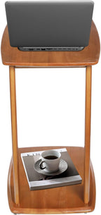 C Shaped Side Table for Couch, Solid Wood End Table with Rolling Wheels, Sofa Table That Slide Under for Small Space Living Room, Bedroom Laptop Work Desk (Walnut)