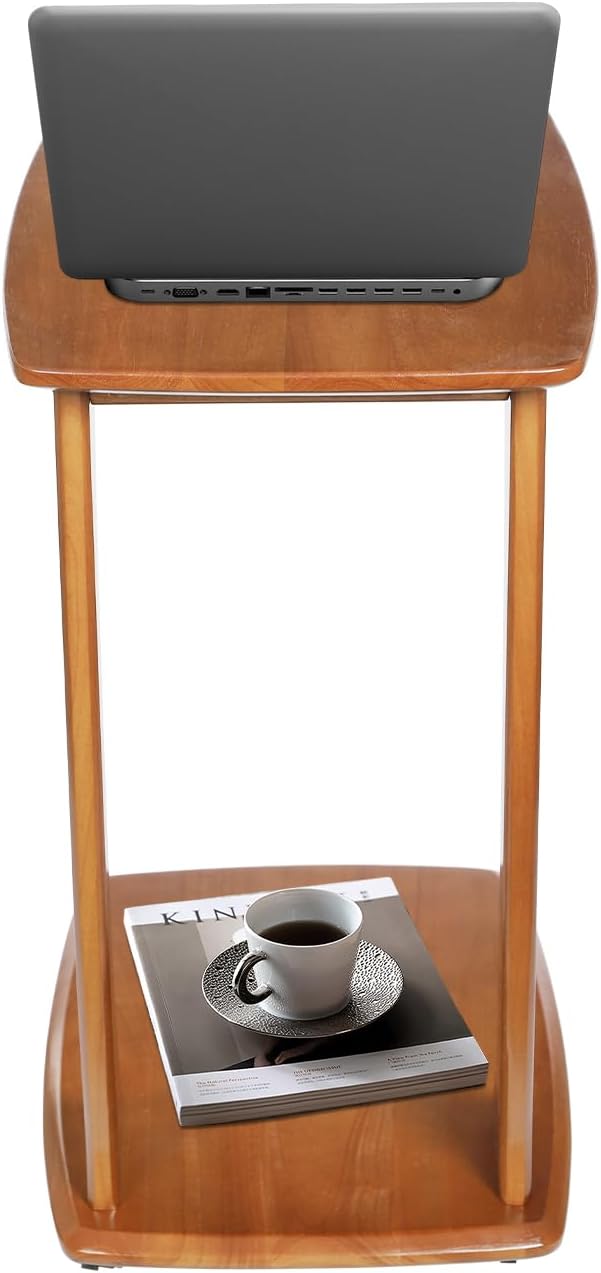 C Shaped Side Table for Couch, Solid Wood End Table with Rolling Wheels, Sofa Table That Slide Under for Small Space Living Room, Bedroom Laptop Work Desk (Walnut)