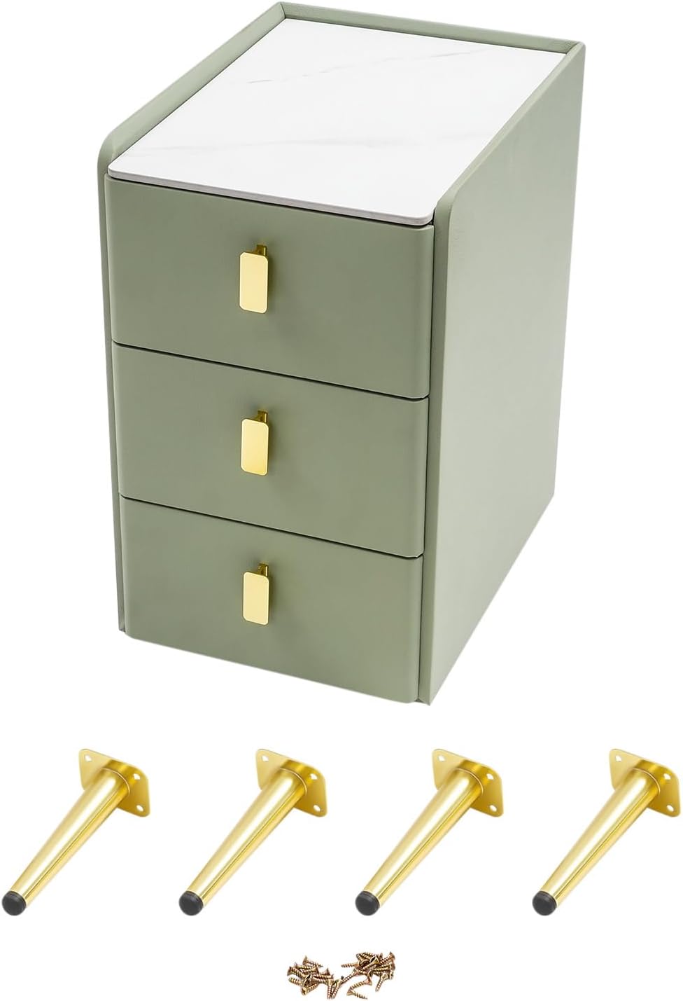 Narrow Nightstand with Drawers, Narrow Side Table Leather, Three-Layer Drawer Night Stand Small Bedside Tables for Living Room, Bedroom & Office (Green)