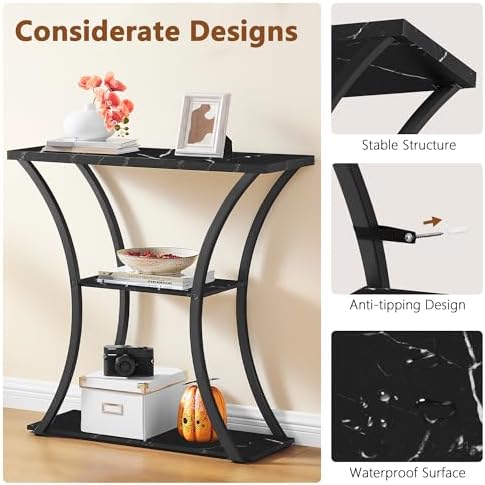 Hoctieon 3 Tier Console Table with Open Wood Shelves, Decorative Entryway Table with Curved Metal Frames, Narrow Sofa Table for Entrance, Living Room, Hallway, Black Marbled