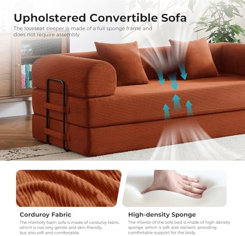 79" Convertible Sofa Bed, Couches for Living Room | Orange | Corduroy Futon Sofa Bed with Pocket Springs, Modular Sleeper Couch in a Box, No Assembly