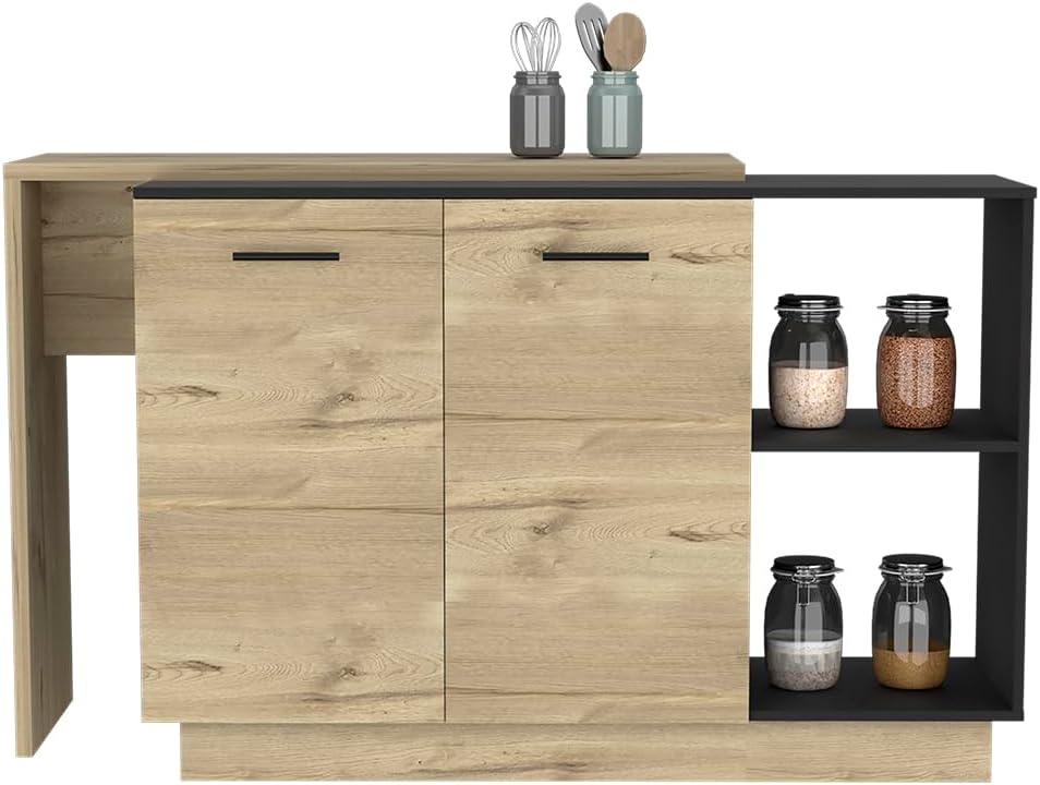 Kitchen Island with Double Doors and Three Shelves in Black | Includes two external shelves and three interior shelves for storage