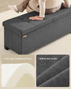 SONGMICS Storage Ottoman Bench with Legs, Folding Ottoman Foot Rest with Flipping Lid, Bench with Storage, for Living Room, Bedroom, Entryway, Linen-Look Fabric, 43.3 Inches, Slate Gray ULSF079GN01