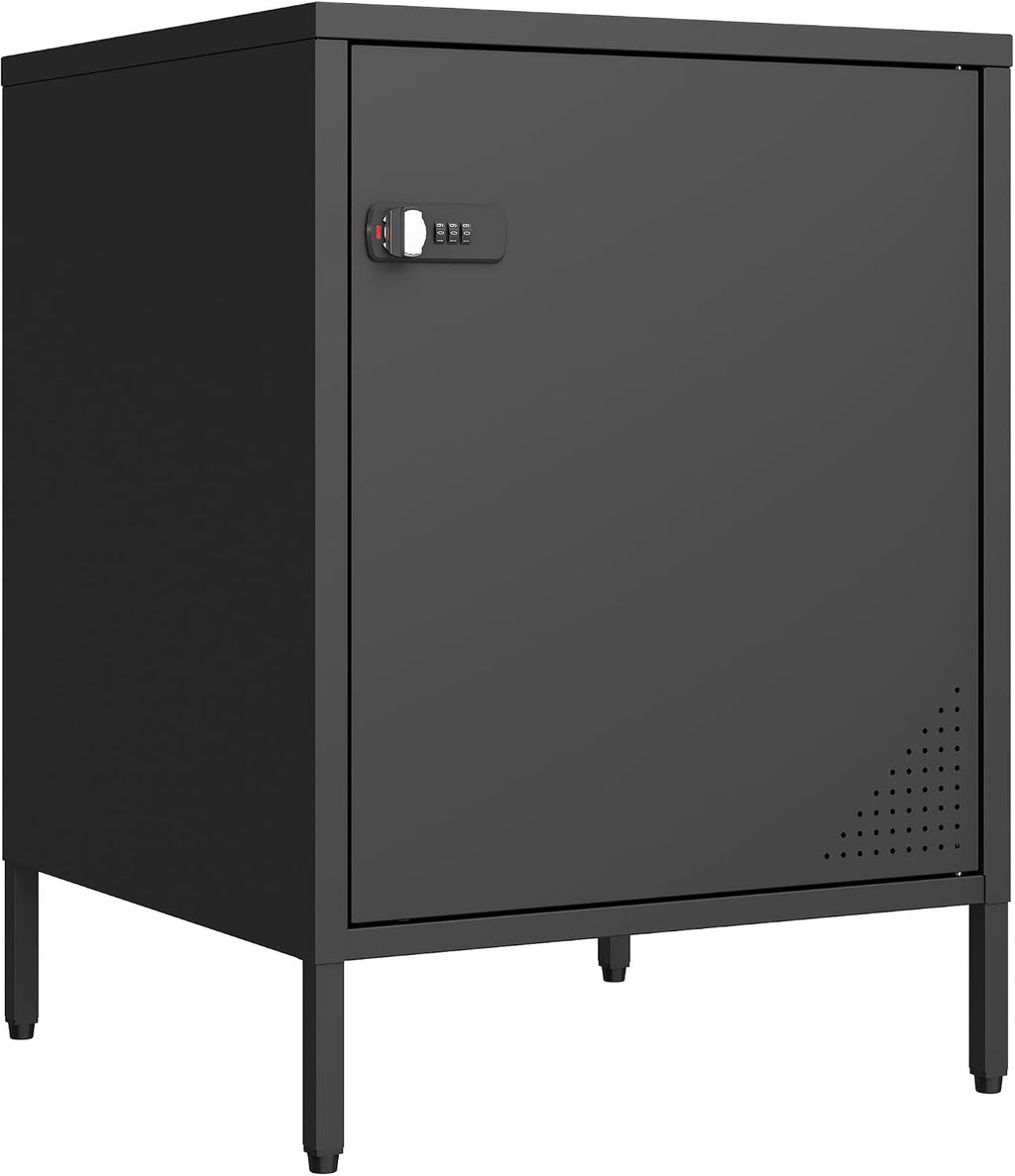 Steehoom Metal Lockable Nightstand, Single Door Locker Metal End Table Small Bedside Storage Cabinet for Living Room, Bedroom, Dorm, 21.26”H X 15.75”W X 15.75”D (1 Door, Black)