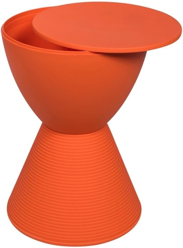 BOWERY HILL Contemporary Plastic Ribbed Round End Table, Hourglass Design with Hidden Storage, Durable UV-Protected Orange Finish, 16.75" H x 11.75" W, Indoor/Outdoor Use
