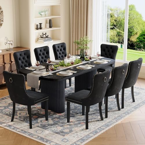 Dining Table Set for 8, 79'' Large Modern Rectangular Dining Room Table with 8 Velvet Chairs, Black Wood Finish, Reinforced Pedestal Base & Thick Tabletop, Stable Design for Home Dining