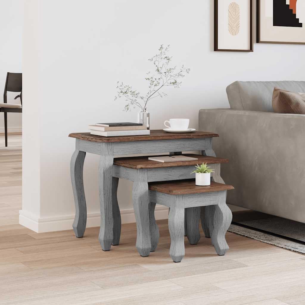 Nesting Table Set 3 Pieces Solid Mahogany Wood | Antique Style, Handmade Vintage, 3 Different Sizes, Durable Side Tables for Living Room