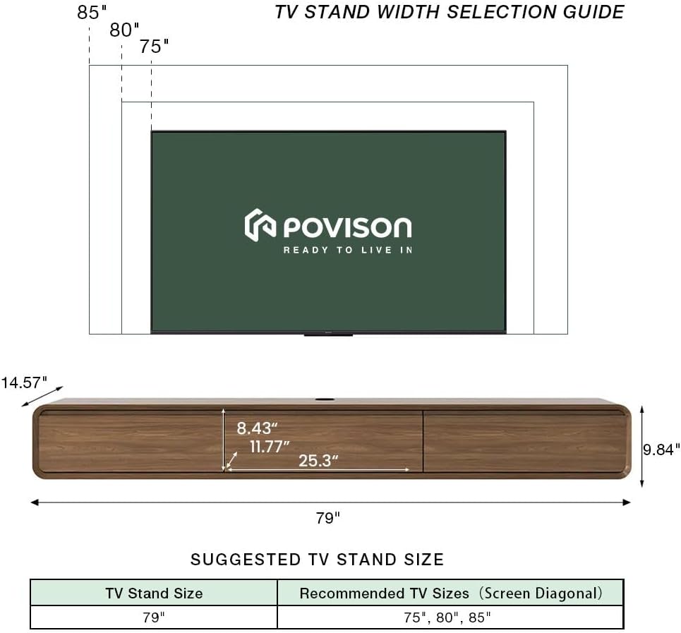 POVISON Fully Assembled Floating TV Stand with LED Lights, Modern Wall-Mounted Media Console with 3 Flip-Down Cabinet Doors, Floating Entertainment Center for 75 Inch TV