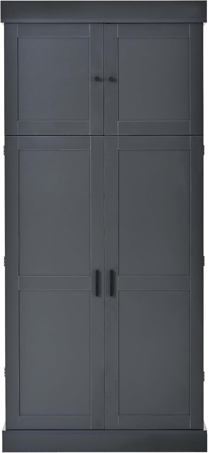 77'' Tall Freestanding Kitchen Pantry, Modern Cupboard Storage with Adjustable Shelves,Door Shelves, Drawers and Wine Racks,for Dining Living Room (Grey-A)