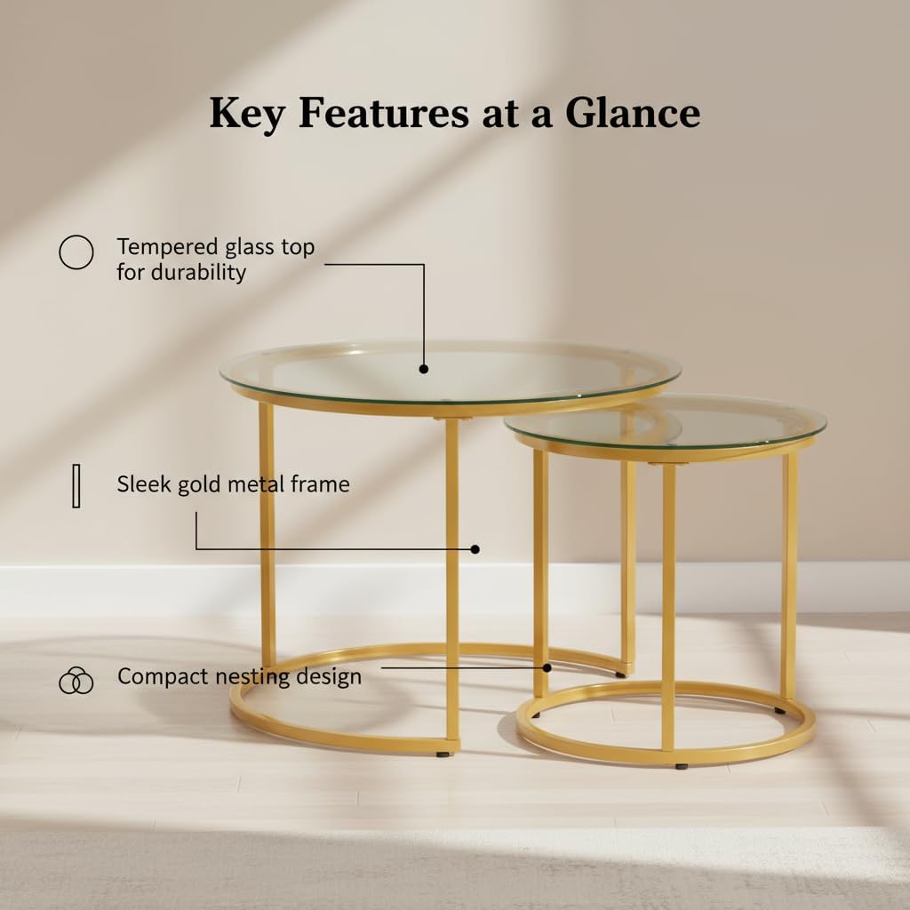 Round Nesting Coffee Table Set of 2, Glass Stacking Minimalist End Table | Modern Marble Pattern Wooden Nesting Tables for Living Room Bedroom Small Space, Clear Tempered Glass and Gold Leg