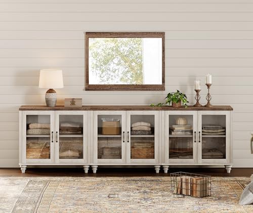 WAMAPT 101" Farmhouse Sideboard Credenza with 6 Glass Doors, Large Coffee Bar Table with Adjustable Shelf, Wood Kitchen Storage Cabinets, Modern Buffet Cabinet for Dining Room, Rustic White