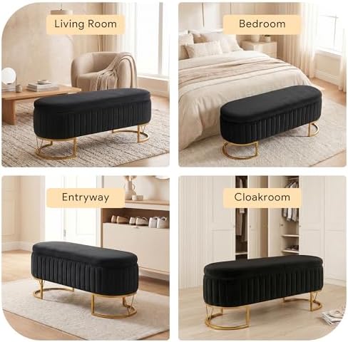 Storage Bench Bedroom Bench, Velvet Oval Upholstered End of Bed Bench with Golden Metal Legs, 46” Modern Storage Ottoman Bench for Bedroom, Living Room, Entryway, Window, Black