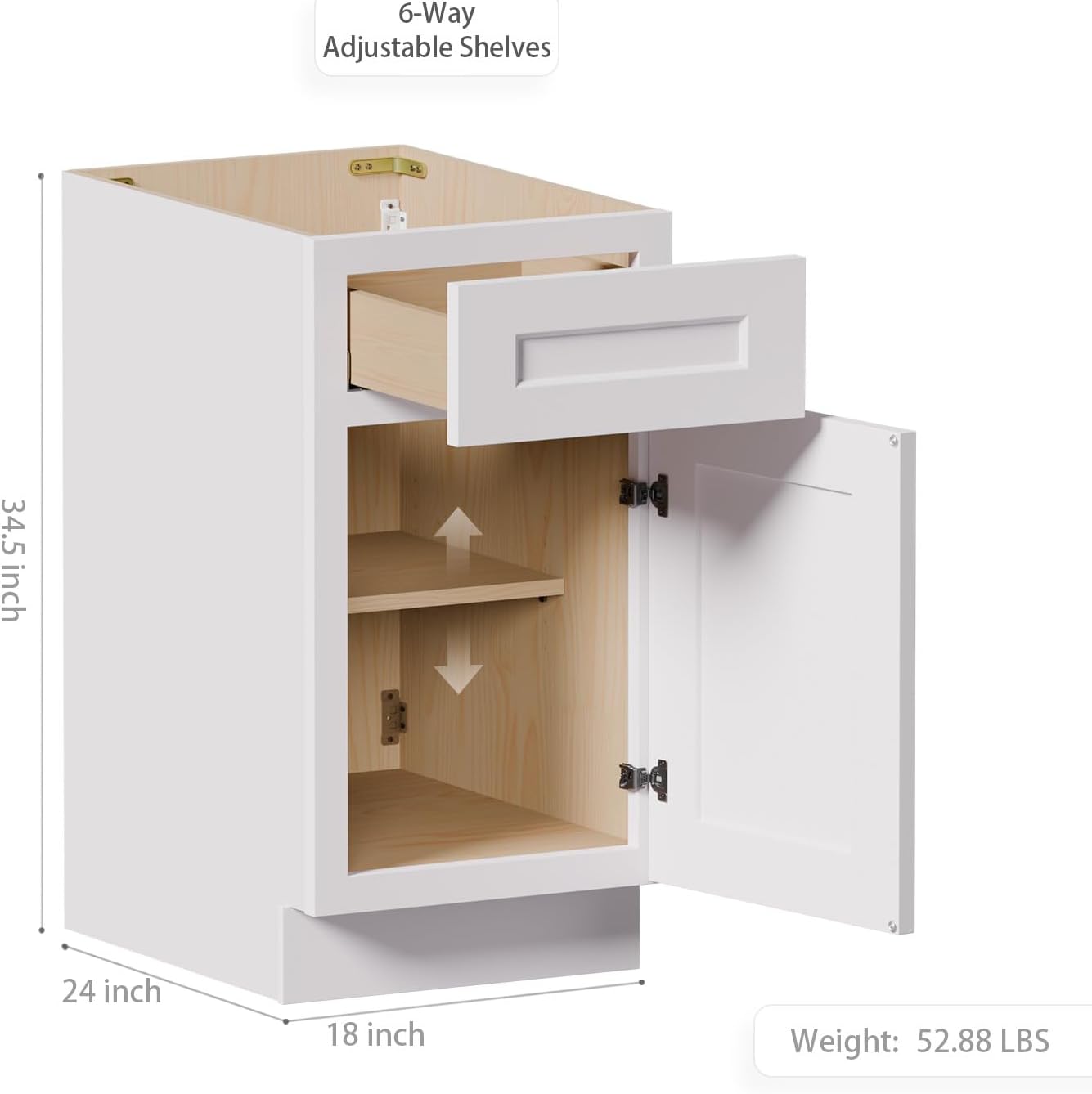 Kitchen Base Cabinets with Drawers, 18" Wide 24 Inch Deep RTA Storage Cabinet with 2 Shaker Doors, Modern Solid Wood Furniture, Easy to Assembly for Pantry, Laundry Room, Coffee Bar - White