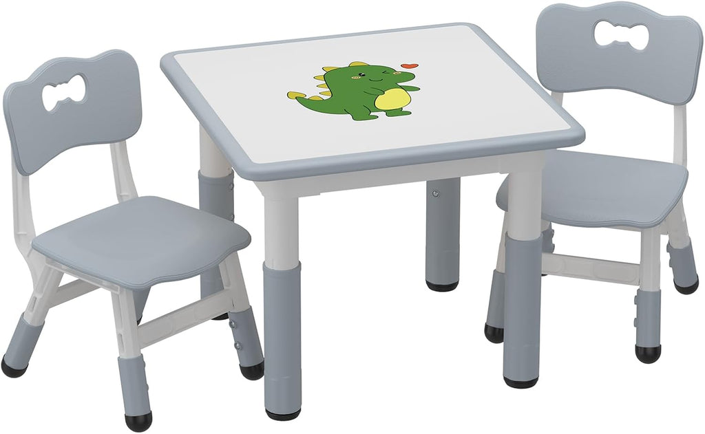 IDEALHOUSE Height Adjustable Kids Table and 2 Chairs Set,Dark Grey | 23.6 Inch Square Tabletop, Non-Slip Leg Pads, Wood Grain Composite Surface, Multi-Activity Use
