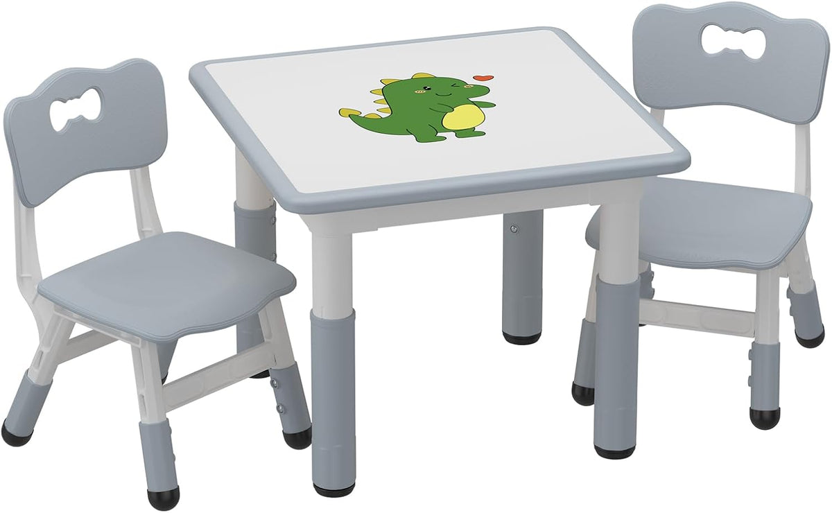 IDEALHOUSE Height Adjustable Kids Table and 2 Chairs Set,Dark Grey | 23.6 Inch Square Tabletop, Non-Slip Leg Pads, Wood Grain Composite Surface, Multi-Activity Use